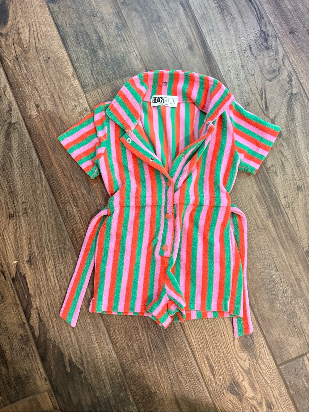 4T, Beach Riot Coral, Pink & Green Striped Terry Romper